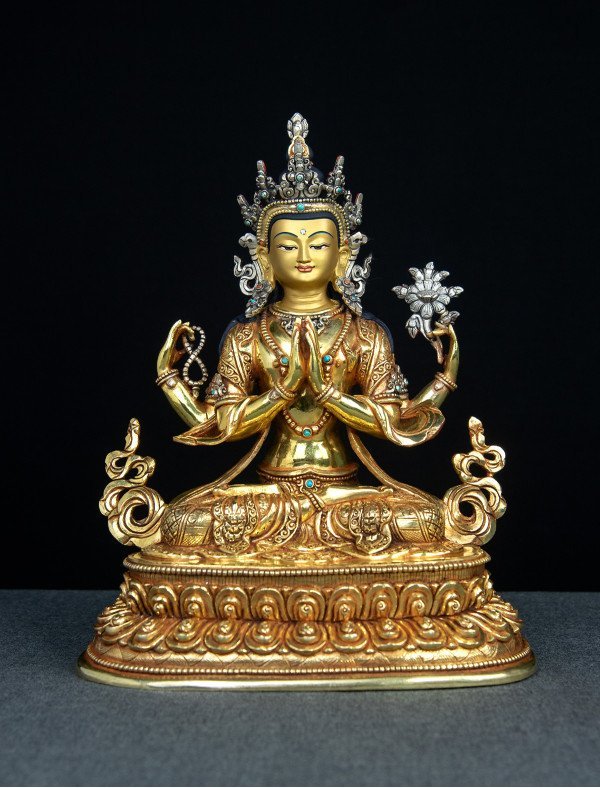 Four-armed Avaloketishvara- Double lotus- 9 inch 24k Full-gold antique