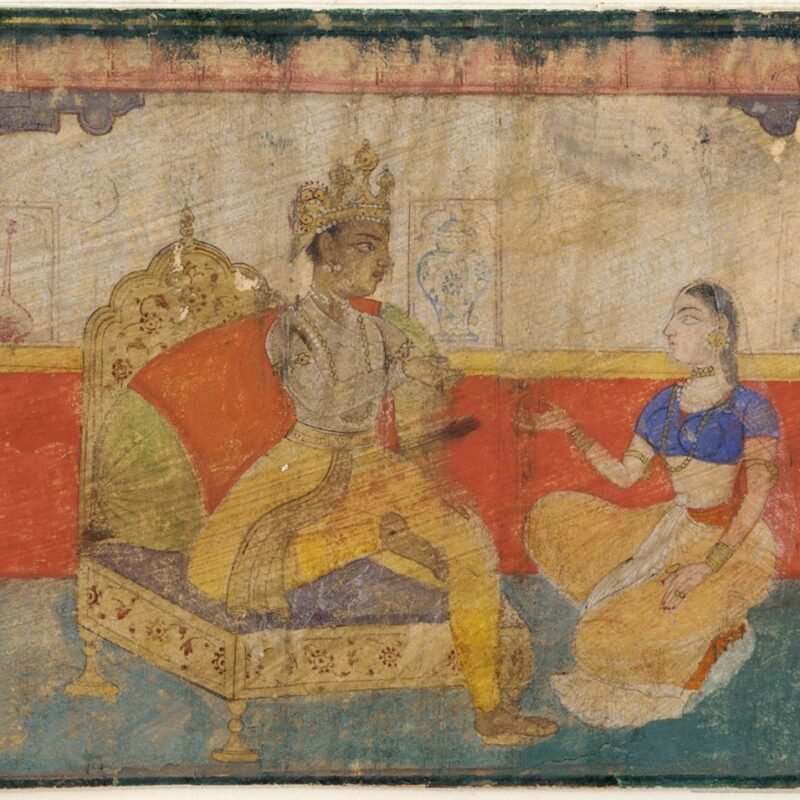The lover (Krsna) in conversation with the messenger from the beloved, from a Rasikapriya