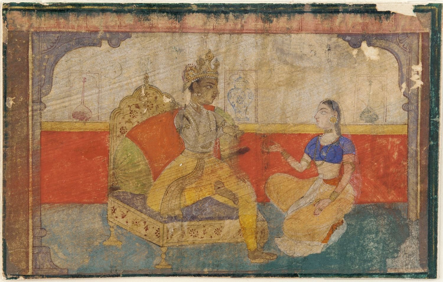 The lover (Krsna) in conversation with the messenger from the beloved, from a Rasikapriya