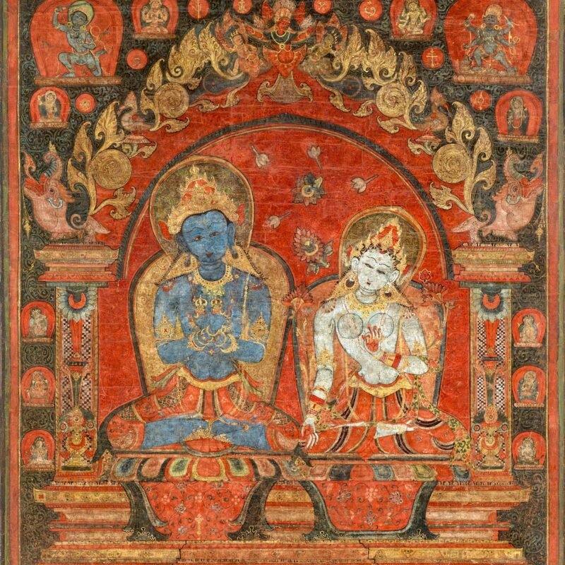 Vajradhara and Consort  Location Nepal Date 1488 Material distemper on cloth Dimensions 38 18 x 28 38 in. (97 x 72 cm) Collection Musée national des arts asiatiques–Guimet, Paris