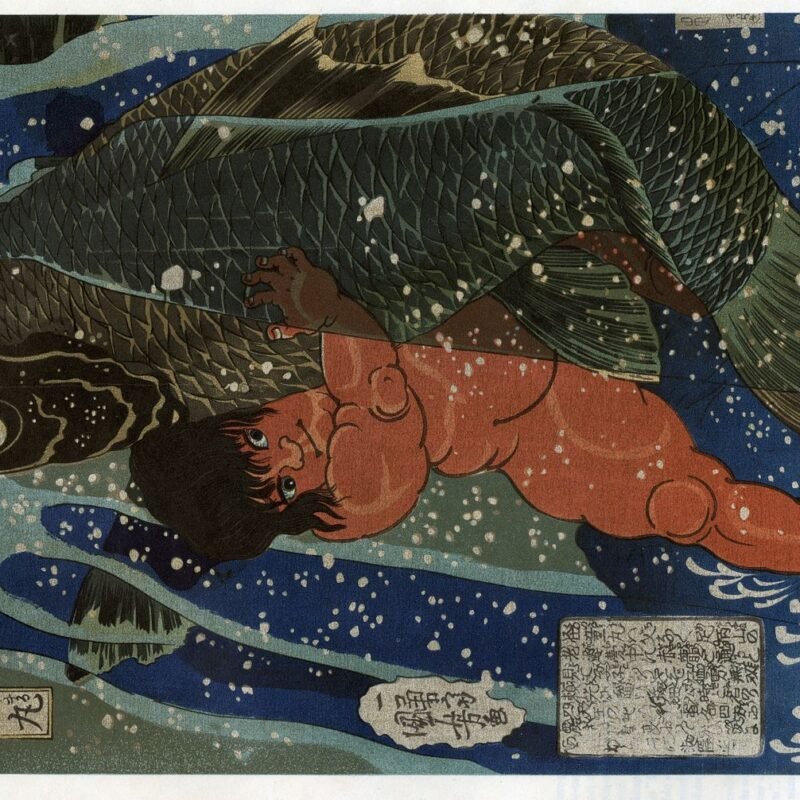 Kuniyoshii - Kintoki swims with carp