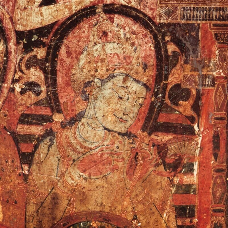 Detail of a crowned bodhisattva, wall painting, Shalu Monastery, Tibet (founded 1040 CE), Yuan period (14th century). Photograph by Brynn Bruyn.
